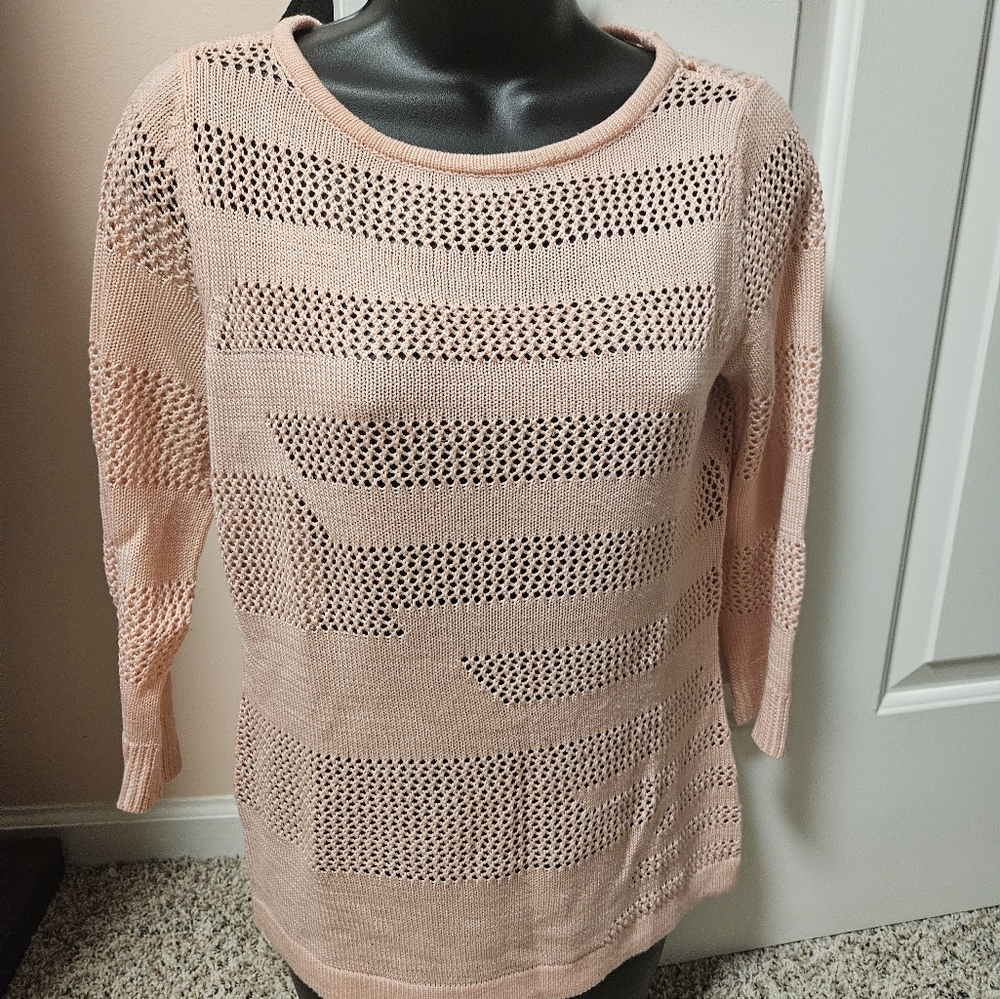 Chic Pink Knit Sweater with Cutout Stripes By New York & Company